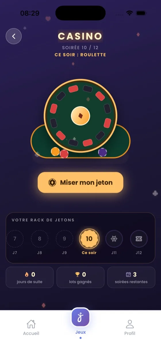 Écran Casino de l'application : la roulette, le bouton « Miser mon jeton » et le rack de jetons de la soirée
