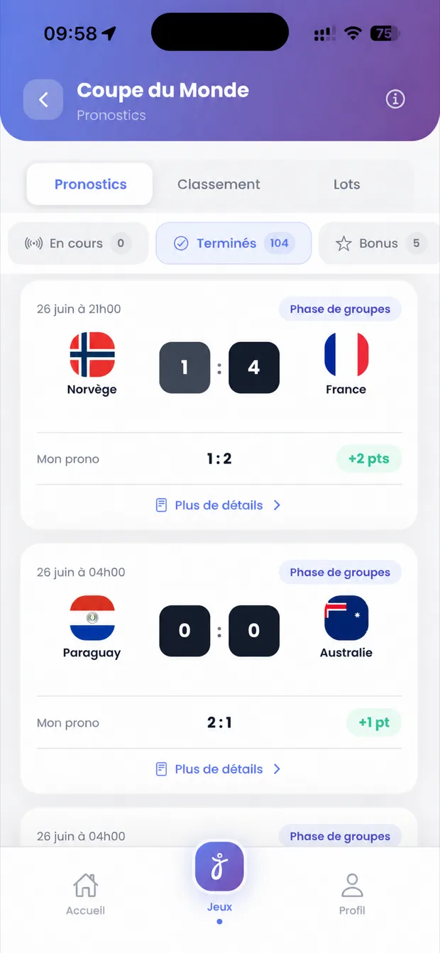 Écran de pronostics de l'application : les matchs terminés, le pronostic saisi et les points gagnés